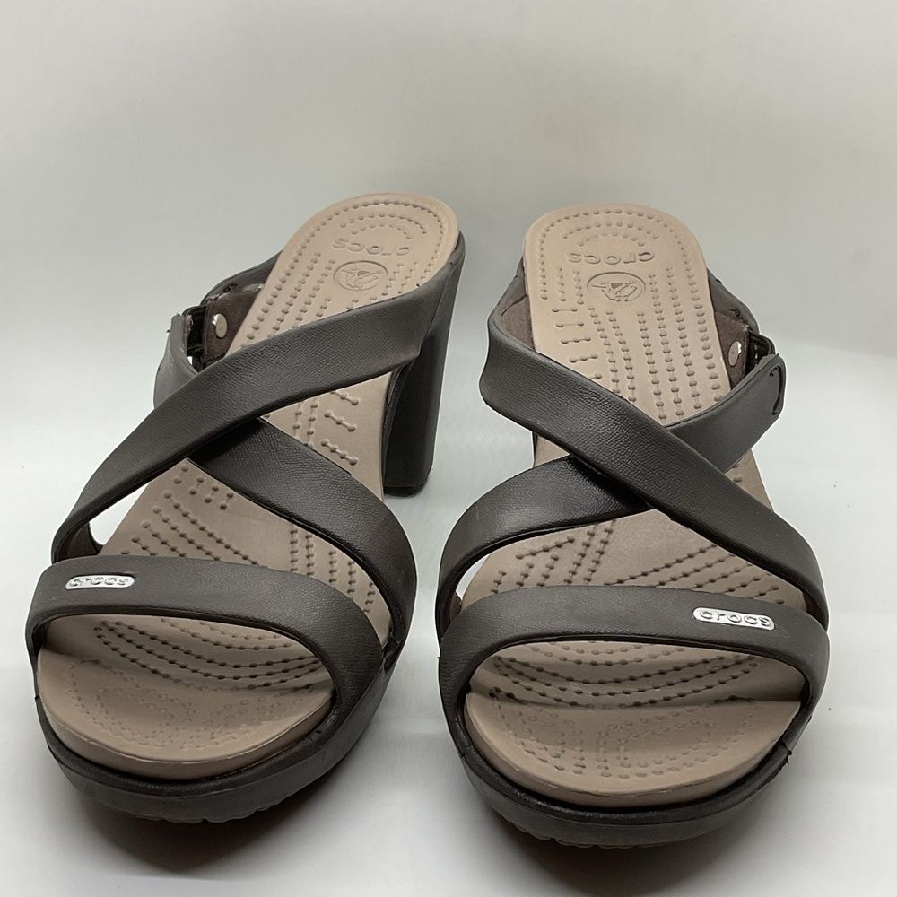 CROCS Women's Dark Brown Strappy Block Heel Sandals
